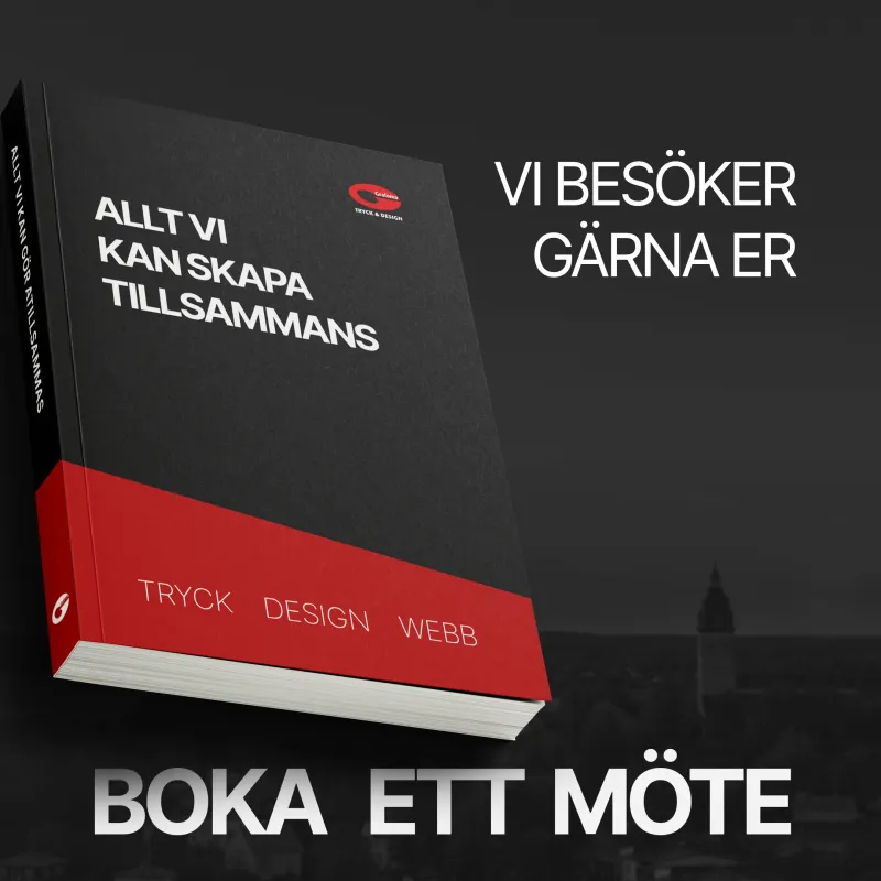 en bild på en grafoma bok och text om att vi vill boka möte med våra kunder